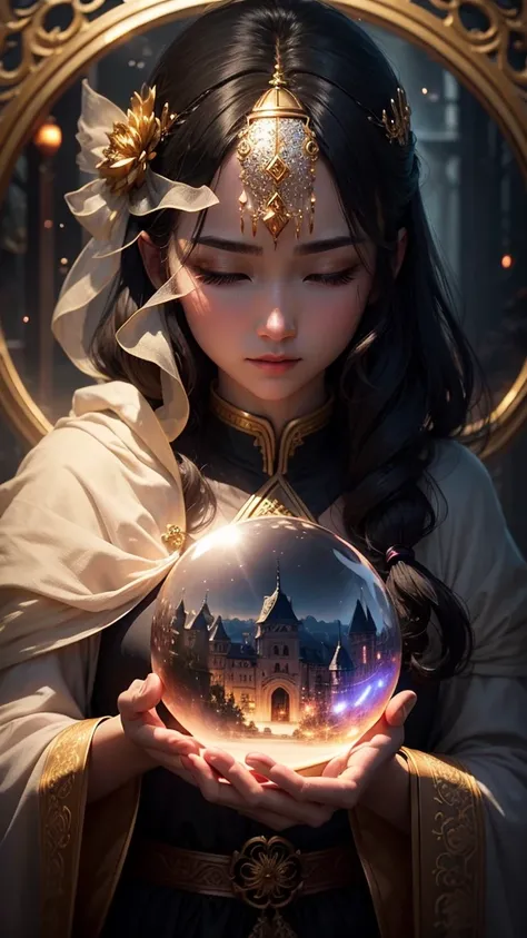 Holding a beautifully shining crystal ball, A mysterious illusion with an air of enchantment, cinematic shot, Cinematic scene, Stunning, Breathtaking, A sense of magic in the air, magical fantasy, diffuse lighting、Black hair、４０Female Generation