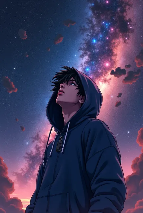 Anime style rapper with hood looking at the universe 
