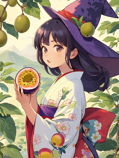 japanese woman in kimono, witch, cartoon, passion fruit, holding passion fruit in hand, japanese environment background