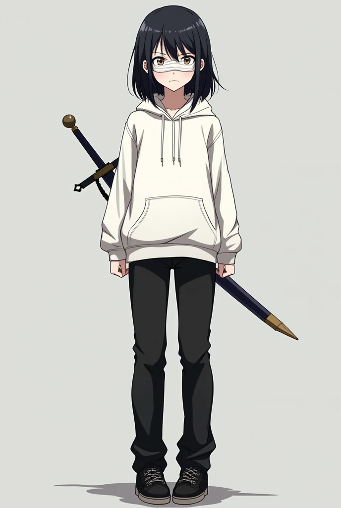 Female, Anime, Teen, Medium black-haired, Faired skin, Bandages around the eyes, White hoodie, Black trousers, Black shoes, Rapier on the hip