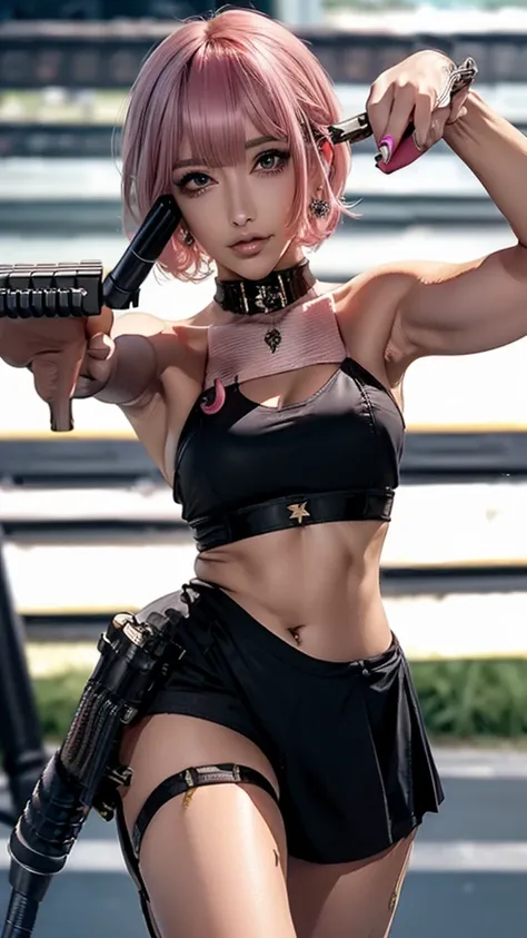 (Highest quality), Realistic, (live-action),(Short Hair,Sharp bangs)Highest quality,Highest quality,8k images,Pink Hair,High heels,Small face,((Big Breasts))Leg spread、1 gun,(((Point the tip of your gun towards the camera:1.6))),Highest quality32K