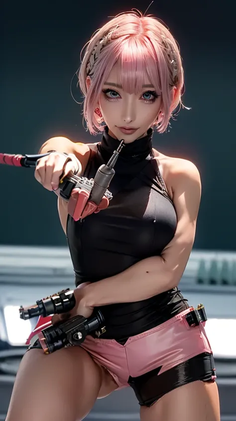 (Highest quality), Realistic, (live-action),(Short Hair,Sharp bangs)Highest quality,Highest quality,8k images,Pink Hair,High heels,Small face,((Big Breasts))Leg spread、1 gun,(((Point the tip of your gun towards the camera:1.6))),Highest quality32K