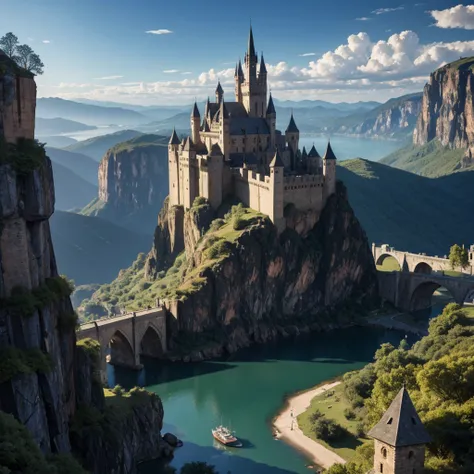 A walled medieval city in a plain, towering mountains behind the city, lush forests on the sides, a massive stone gate with a grand bridge in front, a serene lake on one side, detailed medieval stone houses, (best quality,4k,8k,highres,masterpiece:1.2),ult...