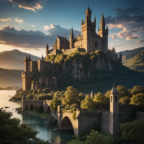 A walled medieval city in a plain, towering mountains behind the city, lush forests on the sides, a massive stone gate with a grand bridge in front, a serene lake on one side, detailed medieval stone houses, (best quality,4k,8k,highres,masterpiece:1.2),ult...