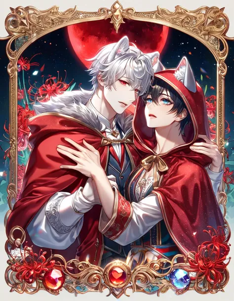 absurdres, highres, ultra detailed, HDR, master piece, best quality, extremely detailed face, delicated features, black hair, expressive red eyes, white hair, expressive blue eyes, white eyelashes, two sexy men together, yaoi, gay couple, handsome, The Red...