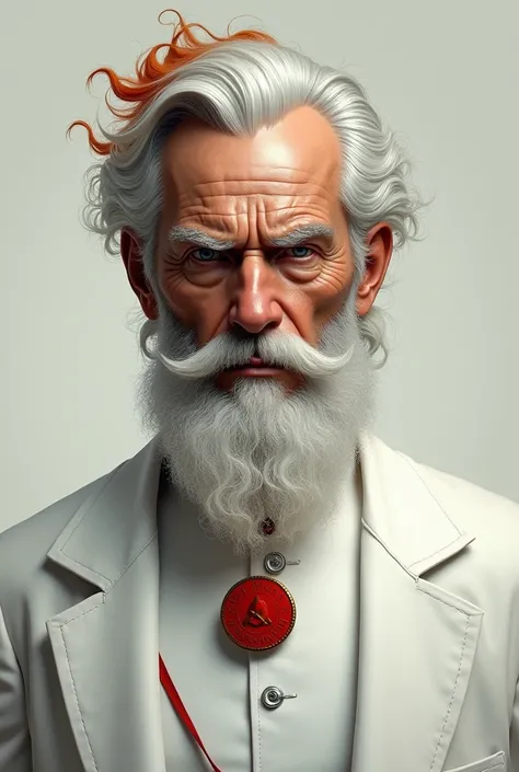 Make an old man with white and red hair and beard ,  with white clothes and a red badge