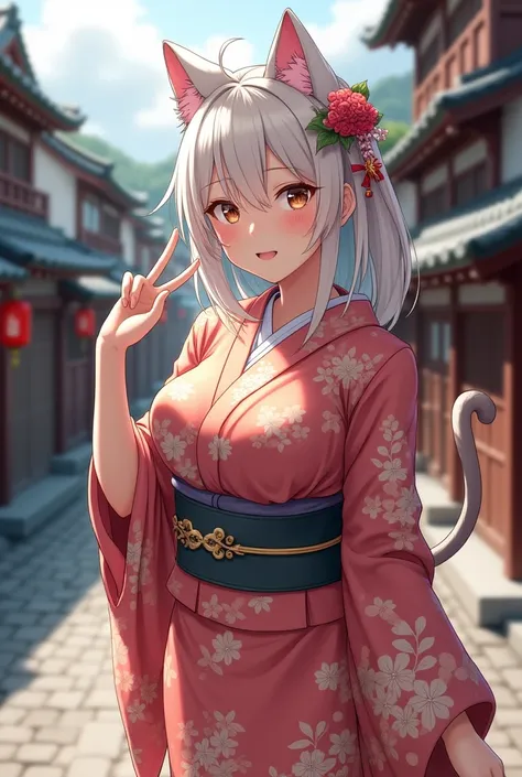 ((Highest quality, 8k, masterpiece: 1.3)), One person, She has a cat-like appearance, large breasts, and wears a kimono.、She is making a cute pose while facing a traditional Japanese town.