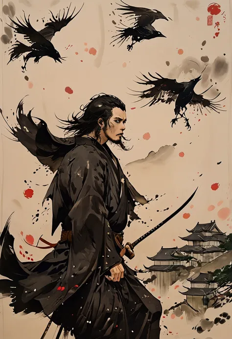 Japanese Samurai横からの全景　　大きなJapanese swordを持ち遠くを見ている　A few crows are flying　Crows are the samurai&#39;s allies　pale colour　Ink Painting　Like overlapping　Japanese Samurai　Japanese sword　dusk
