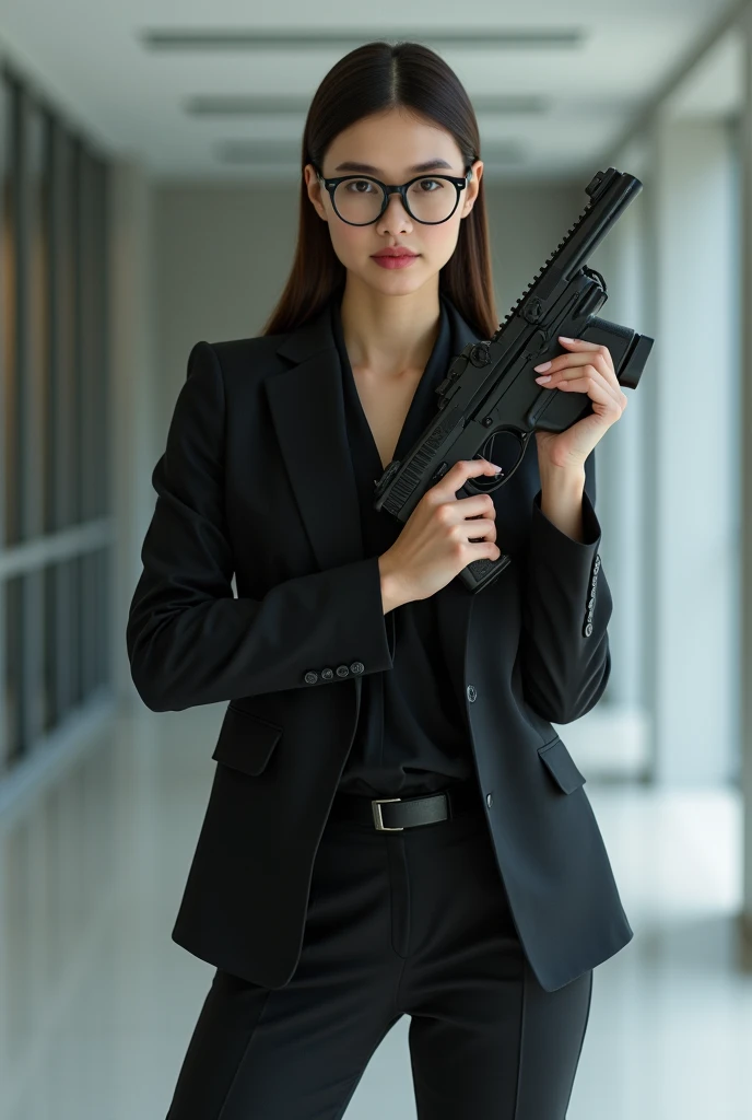 there is a woman in a suit and glasses posing with a gun, wearing a strict business suit, in strict suit, elegant posed, in a business suit, wearing tight suit, in a strict suit, lawyer suit, in suit with black glasses, wearing business suit, with glasses,...