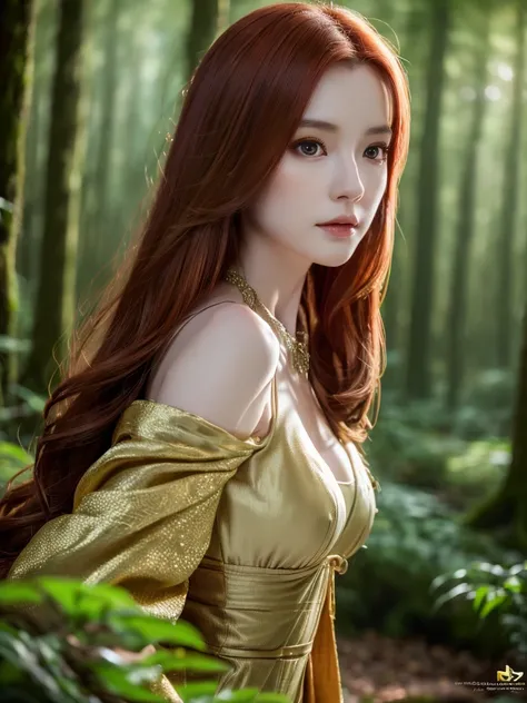 a beautiful redheaded asian girl, long very silky hair, elegant elf dress, dense forest, no sunlight, detailed face and eyes, very big tits (best quality,4k,8k,highres,masterpiece:1.2),ultra-detailed,(realistic,photorealistic,photo-realistic:1.37),magical ...