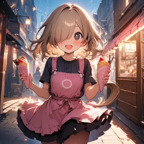 1 girl,solo,16yo,amazing quality, aesthetic, aesthetic,ultra-detailed face,detailed eyes,round eyes, chocolate eyes,milktea beige hair,hair over one eye,pig tail,vertical stripes pattern Multicolor Short sleeves Shirt,Tight skirt,pink apron, Perfect hands,...