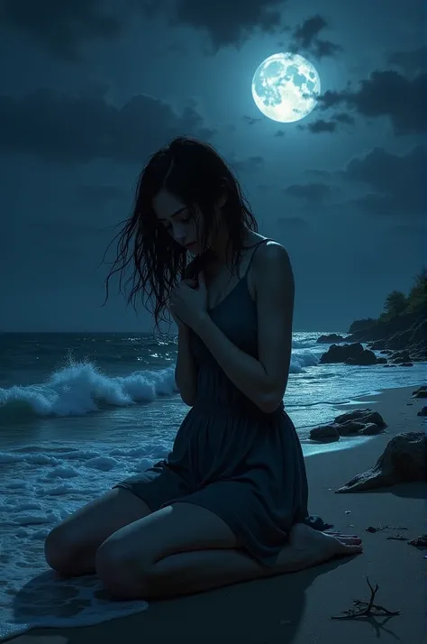 Woman on her knees crying at the seashore at night 