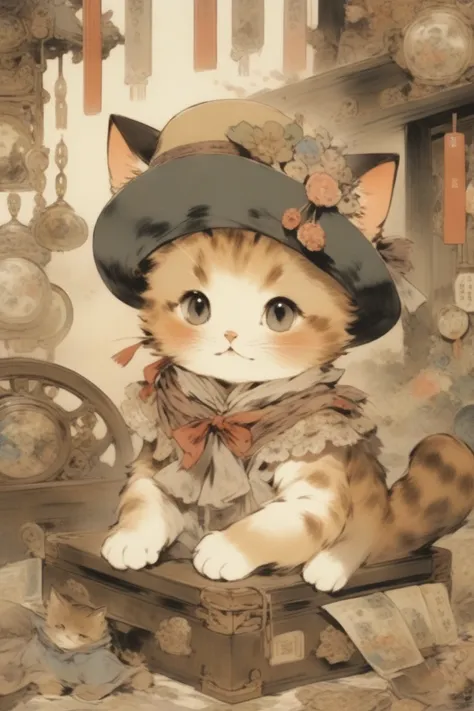 a cute cat with round eyes、wear a hat、antique interior、anime