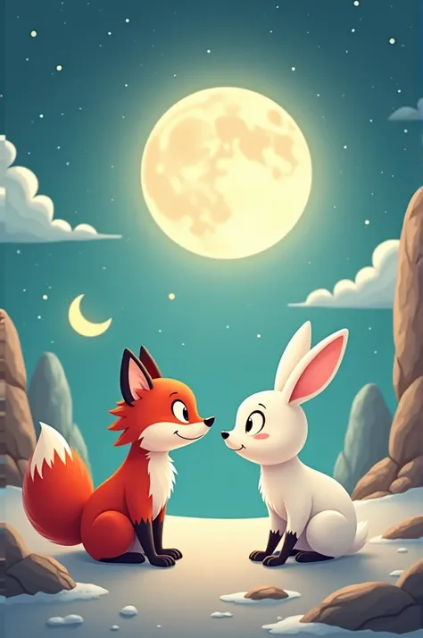 A fox meeting a rabbit on the moon in a cartoon 