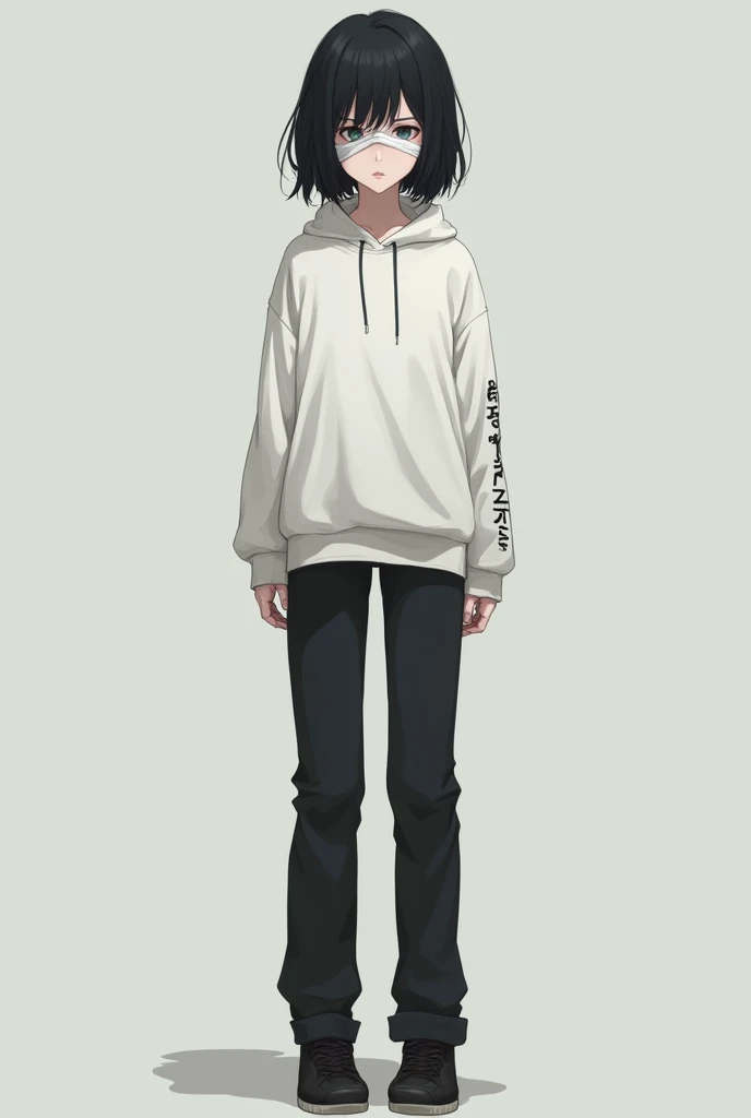 Female, Anime, Teen, Medium black-haired, Faired skin, Bandages around the eyes, White hoodie, Black trousers, Black shoes