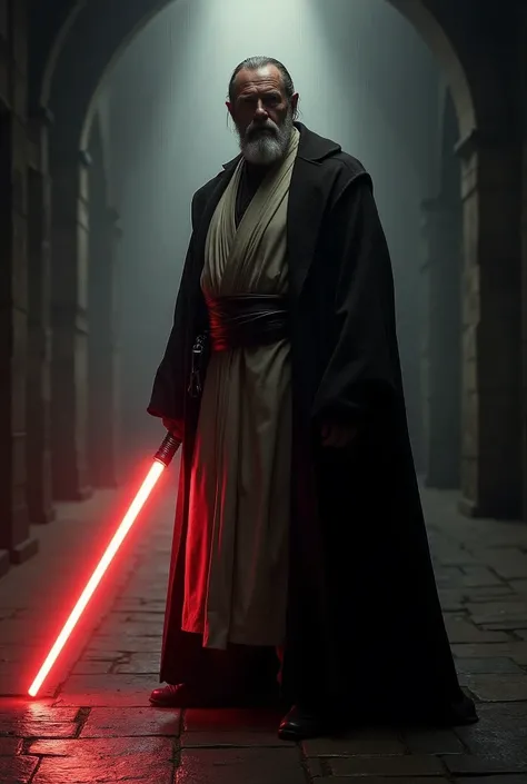 arafed man in a robe holding a light saber in a dark room, a character portrait by Alexander Brook, shutterstock, hyperrealism, holding lightsaber 4 k, obi wan kenobi, obi-wan kenobi, with cinematic lighting, luke skywalker, travis fimmel as a jedi master,...