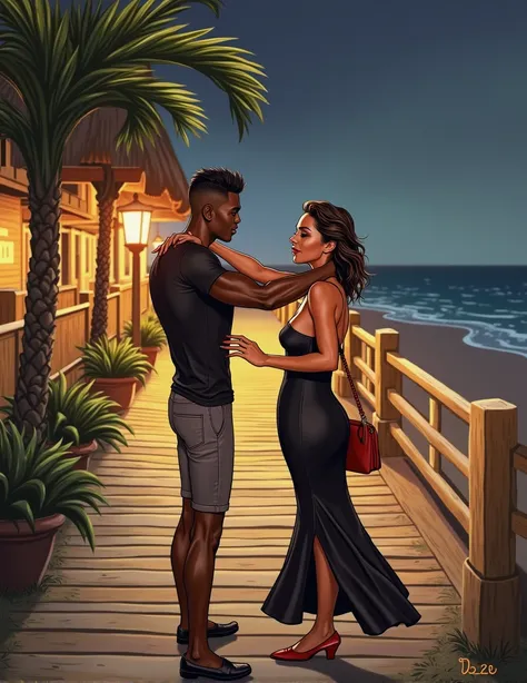 generates an action scene where a couple of lovers (a handsome afroamerican man with short haircute and a beauty Latin woman with dark chocolate skin and a nice body with curves, round breasts and firm, wide and generous hips, a black dress with a low neck...