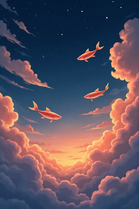 Make a sky that looks like night but the clouds look like sunset, that is, between orange and pink and gray., pero el cielo siempre se ve de noche y que all the clouds tengan formas de peces, all the clouds, Let it be as realistic as possible