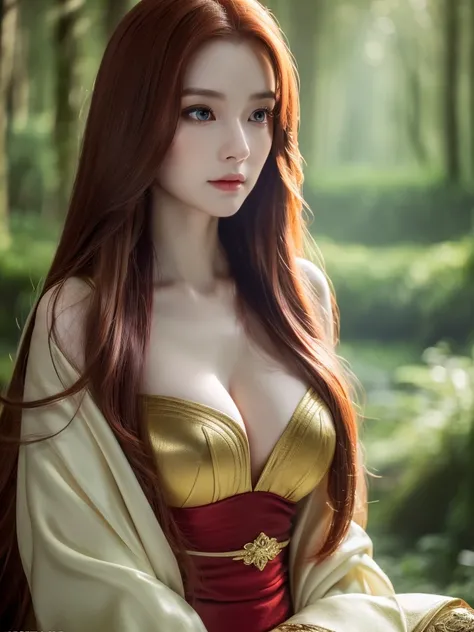 a beautiful redheaded asian girl, long very very silky hair, elegant elf dress, dense forest, no sunlight, detailed face and eyes, very very big tits (best quality,4k,8k,highres,masterpiece:1.2),ultra-detailed,(realistic,photorealistic,photo-realistic:1.37...