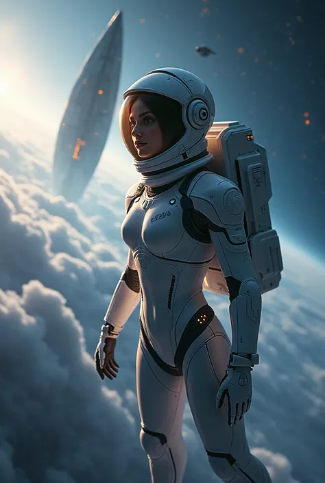 astronaut in space suit flying through the air with a spaceship in the background, concept art by jessica rossier, cgsociety contest winner, space art, beautiful woman in spacesuit, space soldier on mars with a gun, interstellar space suit, science fiction...