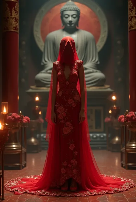 A young woman, wearing red wedding dress, head covered with red cloth, can not see the face clearly, red embroidered shoes, behind is a Buddha statue, standing in the temple, vista, full-body view, weak candlelight, scary atmosphere, Chinese traditional cu...