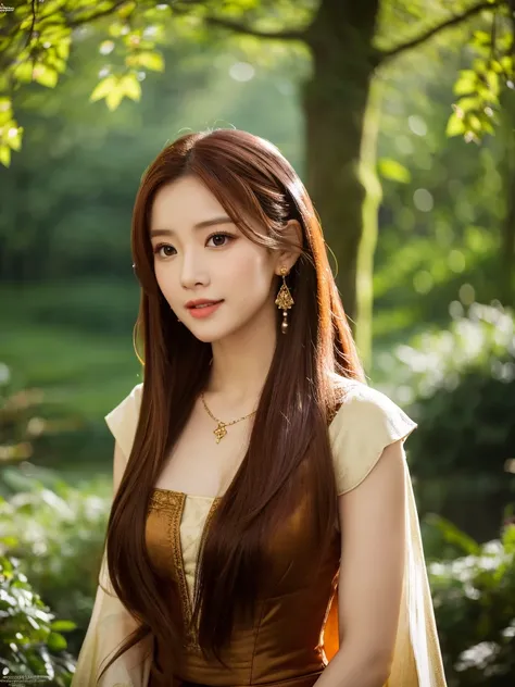 a beautiful redheaded asian girl, long very very silky hair, elegant, beautiful and shining elf dress, dense forest, no sunlight, detailed face and eyes, very very big tits (best quality,4k,8k,highres,masterpiece:1.2),ultra-detailed,(realistic,photorealist...