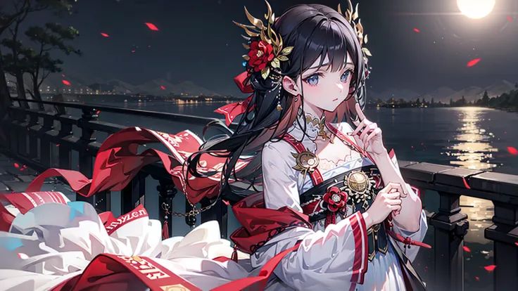 Girl holding a rose，Stand on a bridge in the moonlight，Best quality，Beautiful facial features，Rich expression，Finger of details，4K high resolution。masterpiece, best quality, (Very detailed CG unit 8k wallpaper) ，Ray Tracing, Extremely detailed,（six fingers...