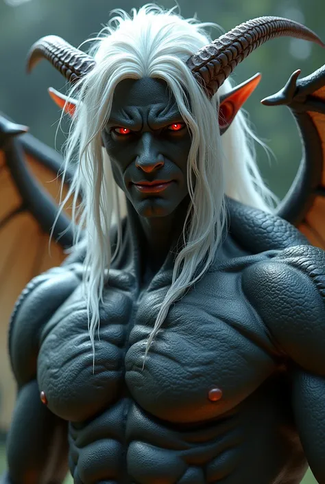 a male character, brawny, darkskin, dragon horns with dragon tail and wings, white colored hair and long length, Eyes red, smiling from the corner