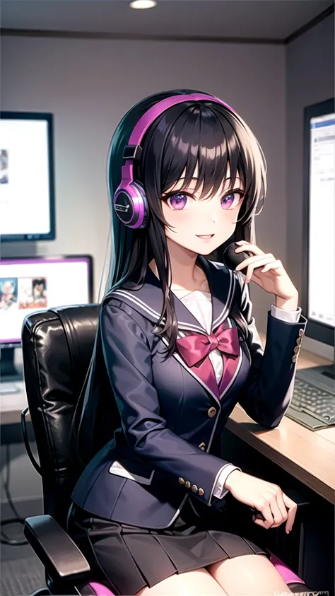 Black-haired long-haired high school girl、Purple eyes、Sailor suit、blazer、Game Streaming Room、dark、The monitor lights up、Gaming Chair、Headphones、controller、smile