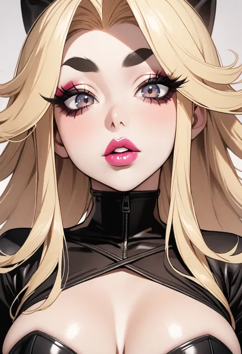 Woman, solo, black clothes, bimbo, big lips, pink lipstick, blonde thin long hair, makeup, beautiful, thick eyelashes, black eyeliner, thick eyebrows, 