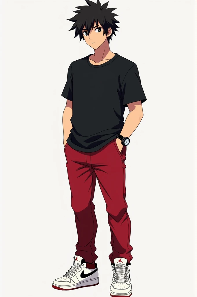 Anime character Tanjiro Kamado  wearing a black t shirt with red colour pant, white air jordan snickers.  He also wearing a black watch. This ai image must be look like anime and high details quality. 