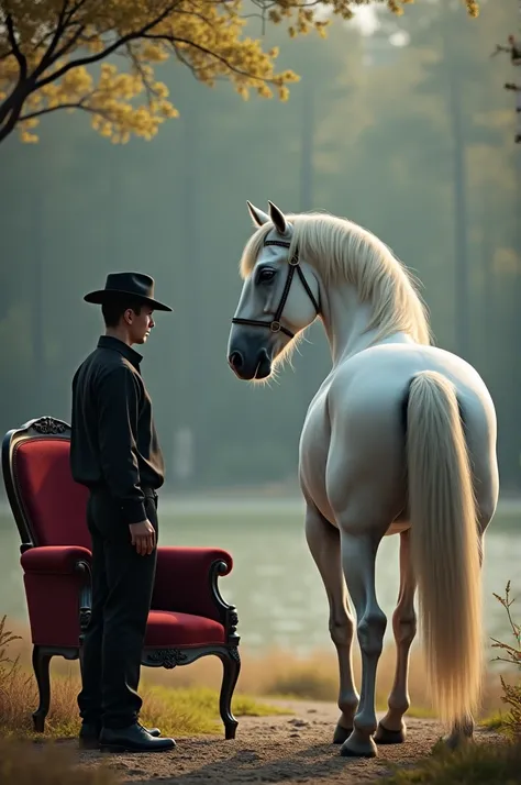 White horse, wine red chair, male assembler with black shirt and black hat.