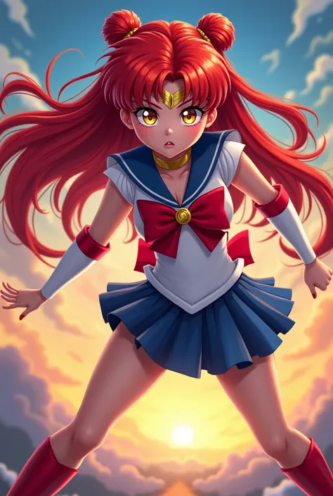 young girl, Red hair, battle pose, sailor moon, sailor scout, beautiful, yellow eyes, sailor moon costume, animated style, long red hair