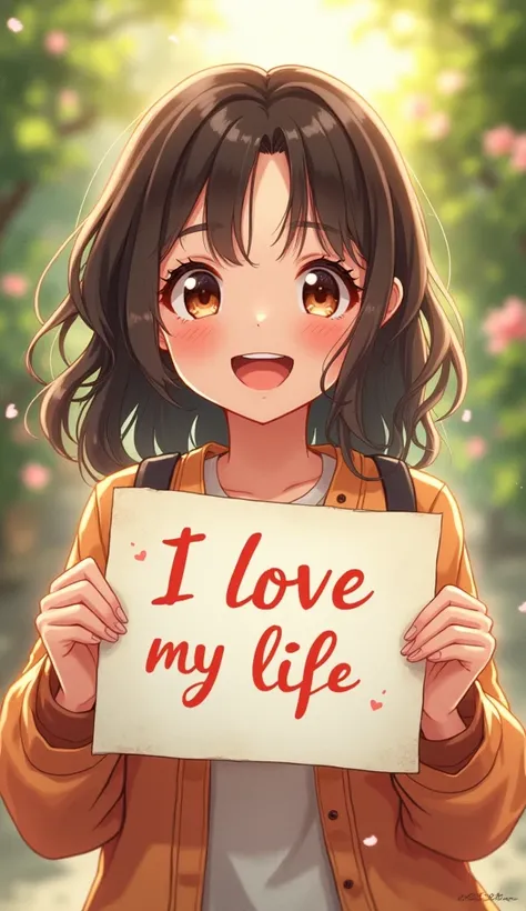 a beautiful and cute woman holding up a sign "i love my life", joyful, happy, anime illustration, photorealistic, oil painting