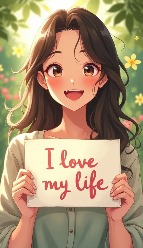 a beautiful and cute woman holding up a sign "i love my life", joyful, happy, anime illustration, photorealistic, oil painting