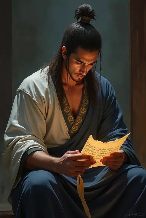 Create an athletic looking man, Cao Cao, brown hair and brown eyes, old money style clothes, that he is sitting reading a letter and with a sad, tearful expression