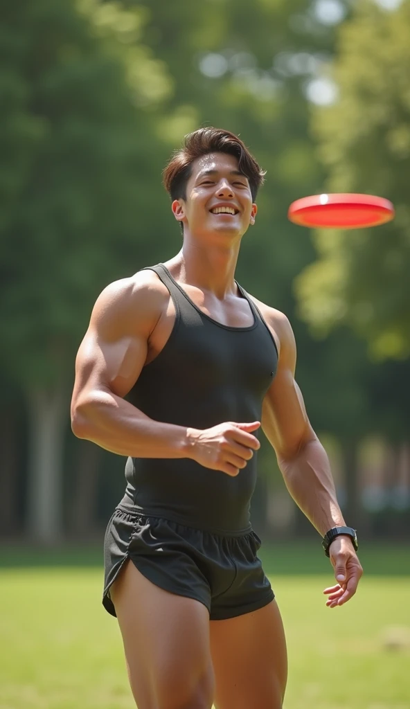 photorealistic, best quality, masterpiece, extremely detailed, sexy, homoerotic, extremely handsome, youthful, 25 year old muscular korean man, fair skin, (((muscular bodybuilder))), (((massive thighs))), wearing tank top and tiny shorts, round bubble butt...