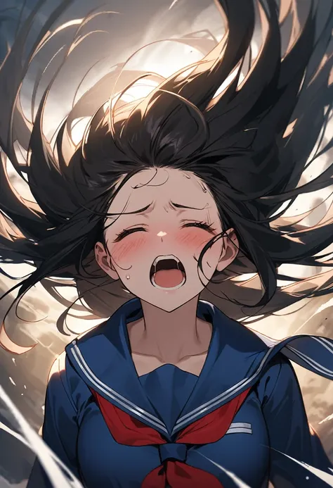 Front view、Black Hair、Bangs rising、The wind blows from the front、Forehead、Sailor suit、Upper Body、Blushing、1 face、Eyes closed、Endure ecstasy、semi long hair、Endure pain、open mouth、(wrench body sideways:0.5)