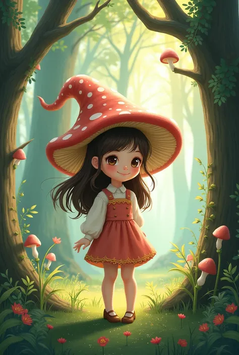 Medium level drawing, Girl with mushroom hat standing in majestic forest 