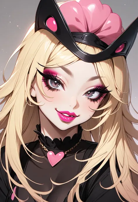 Woman, solo, black clothes, bimbo, big lips, pink lipstick, blonde thin long hair, makeup, beautiful, thick eyelashes, black eyeliner, wide smile, 