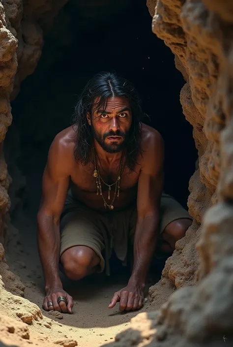 Surprised indian man in the cave with small injuries