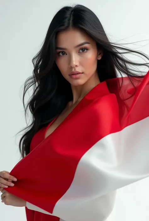 beautiful alpha woman, holding Indonesian flag, female focus, black hair, white background