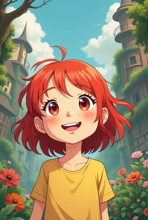 young girl, Red hair, smile, delicate details, animated style, studio Ghibli, My neighbor Totoro, Walking castle, Howl, 