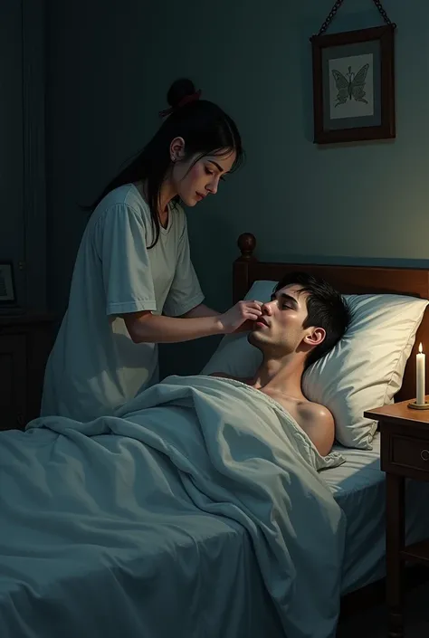 Young sick man in bed accompanied by a girl taking care of him 
