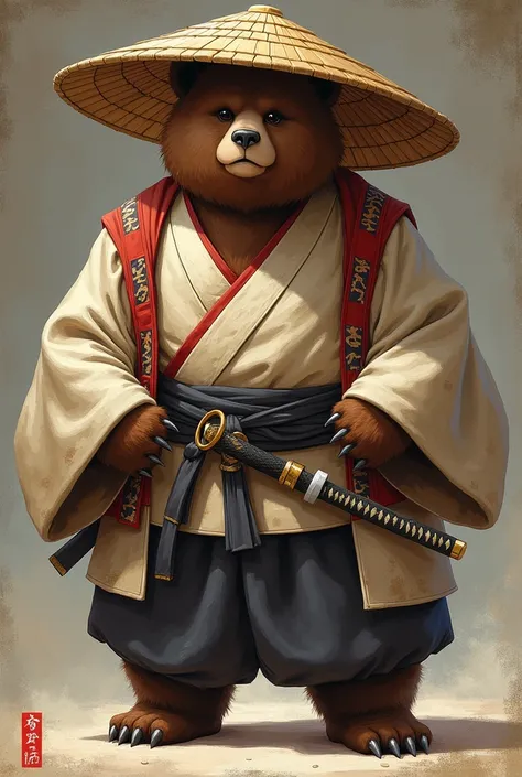 This illustration is、The bear is depicted with an appearance reminiscent of Jirocho of Shimizu.。The bear is powerful、Rin々He has a cute expression.、Hall々Standing there。On his head he wears a large straw hat.、Wearing traditional Japanese kimono。The sleeves o...