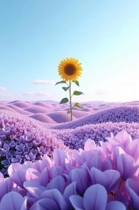 Entire field of purple lilies and a sunflower in the middle