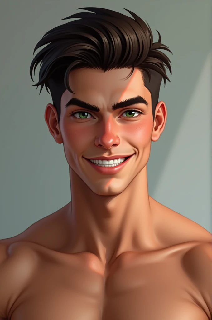 A 22-year-old man with dark brown hair and intense green eyes. His body is athletic and well-defined, and he has a striking presence with a well-defined jawline and a charming smile