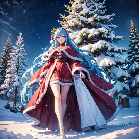 (Sky Blue Hair),(Braided Hair),(Pink Eyes),(Fair Skin),(Full Body),(Alone),(Santa Claus Clothes),(Giant Christmas Tree in the Background),(Snowy Night),Sparkling Night Sky,(Masterpiece, Top Quality, Very Detailed, Best Shadows),(Detailed Background),(Beaut...