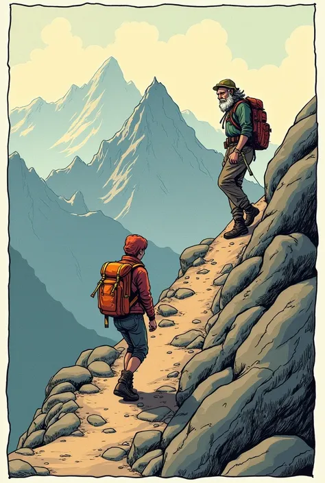 comic strip that shows this scenario:

Panel 1:
- Setting: A mountain peak with a challenging trail leading upward.
- Characters: Alex (the hiker) and a wise old guide.
- Dialogue:
  - Alex: "This climb is tougher than I expected."
  - Guide: "Remember, Al...