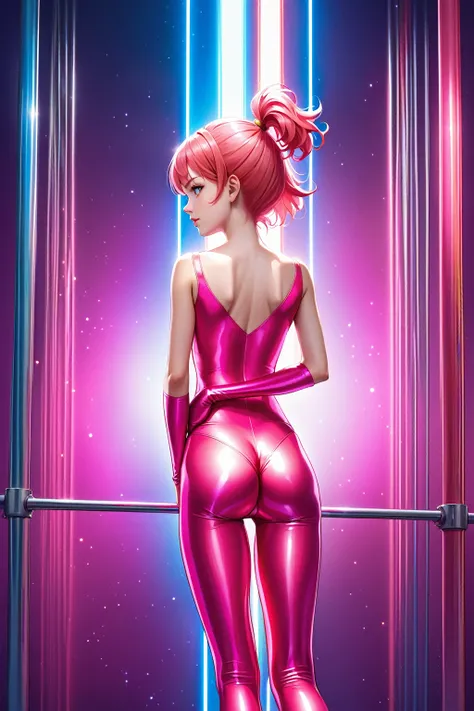 (Extremely detailed 8k unity CG wallpaper), (American teen, beautiful face), (bright salmon pink hair), ((shiny gymnastics clown)), ((standing in front of uneven bars)), with back turned, hands on waist, sighing, bright and intense lights